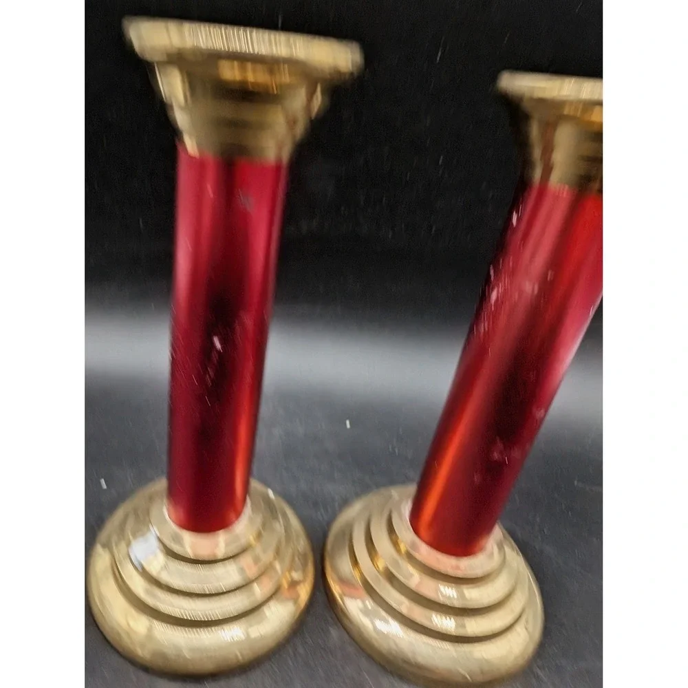 Vintage Brass Red Column Candlestick Holders Pair Mid Century Modern Gold Red 4
